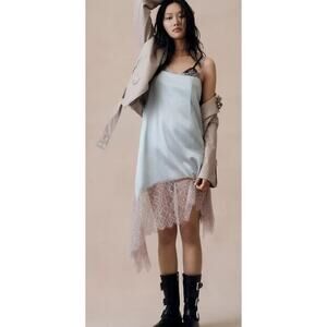 Anthropologie 4 Slip Midi Dress Gray Silky Pink Lace Hem Trim Asymmetrical